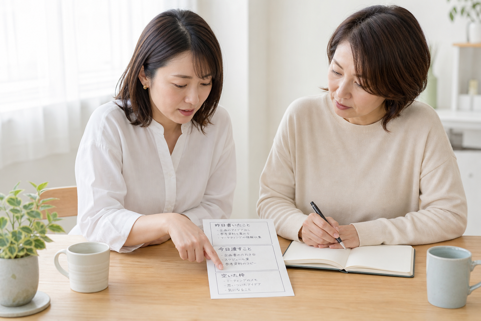 1枚の引き継ぎメモを2人で覗き込みながら、次の担当に渡す内容を確認している場面