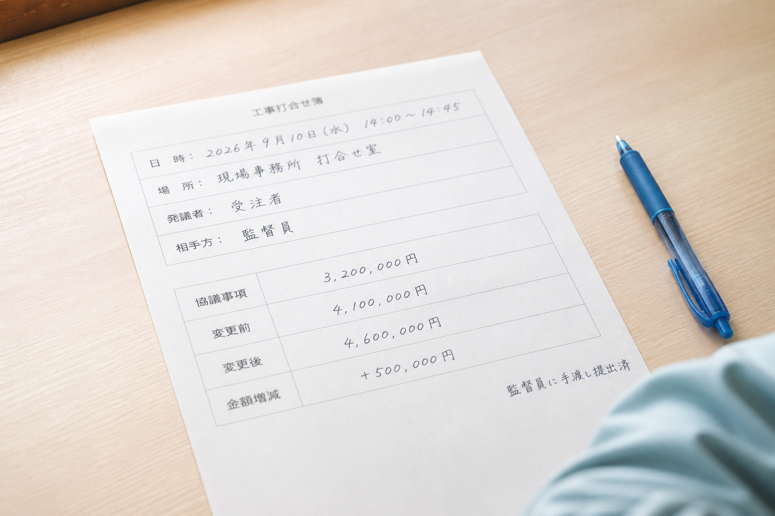 工事打合せ簿の日時・場所・発議者・相手方の4行と、協議事項の見出しがクローズアップで写された1枚。証跡として残る記録の要素が具体的に見える