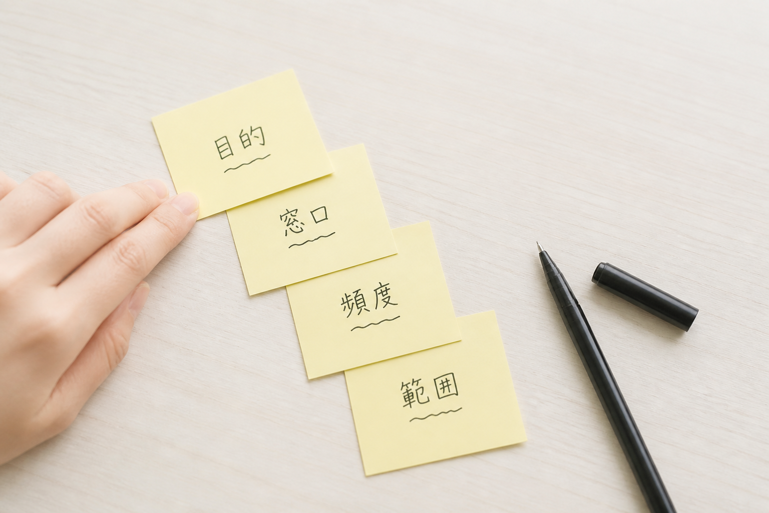 机の上に扇状に並んだ「目的」「窓口」「頻度」「範囲」と手書きされた4枚の付箋のクローズアップ