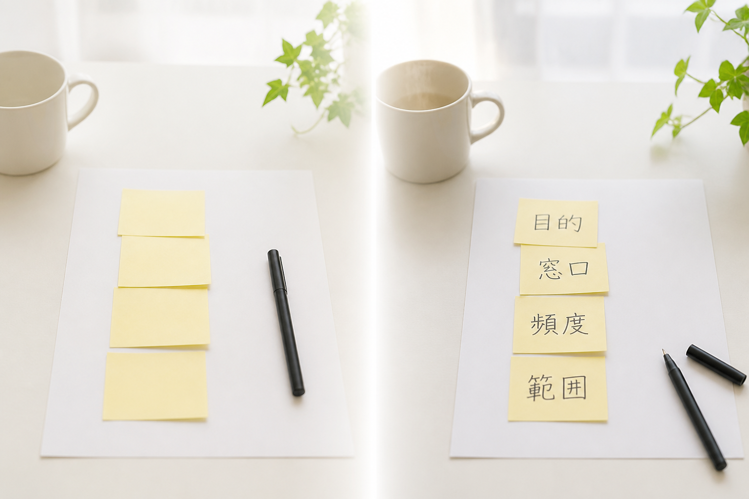 左は空欄の4枚の付箋、右は「目的」「窓口」「頻度」「範囲」と1語ずつ書き込まれた4枚の付箋が並ぶ、決まっていない状態と決まった状態の対比イメージ