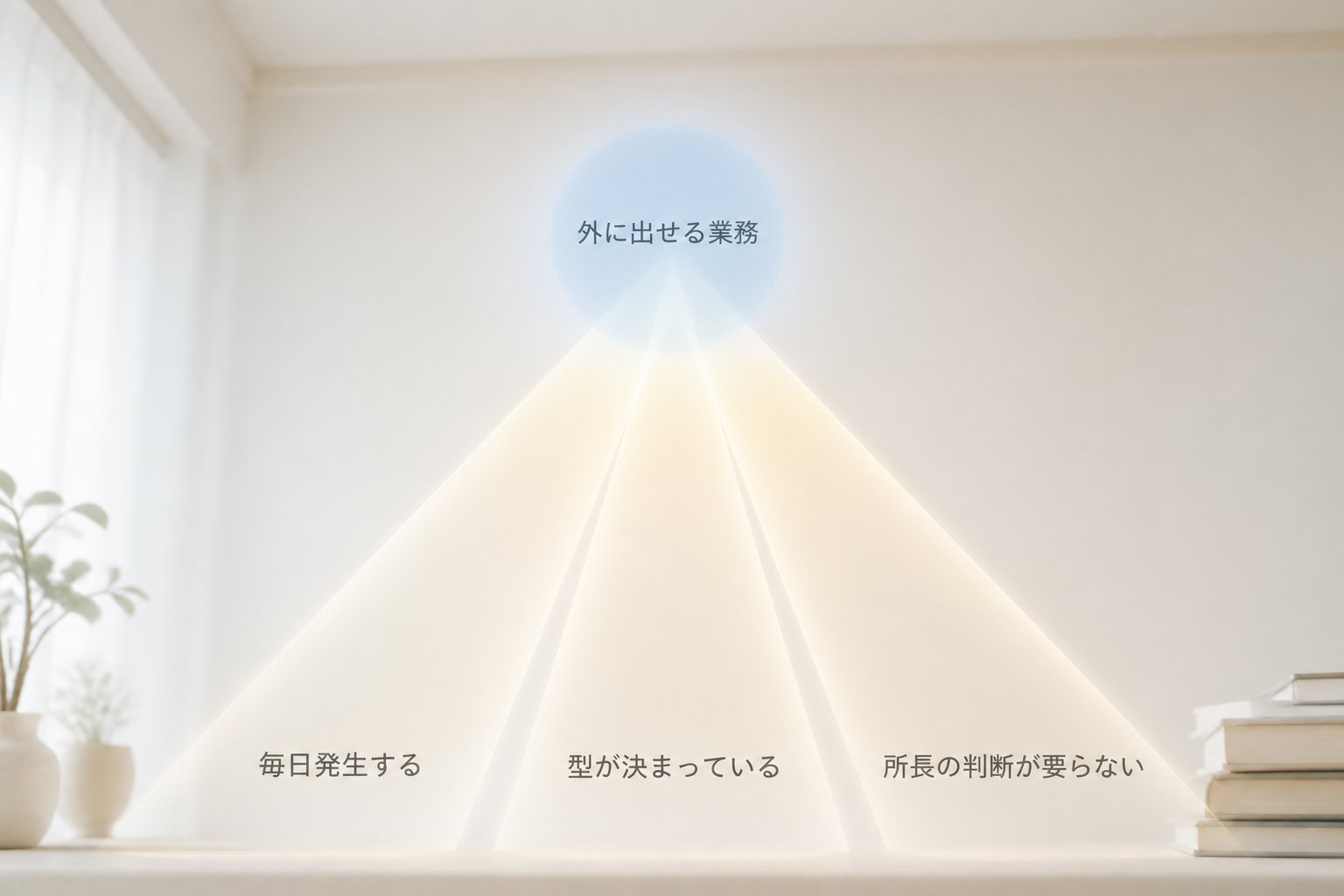 毎日発生する・型が決まっている・所長の判断が要らないの3本の光の帯が扇状に集まって1つの業務になる抽象イメージ