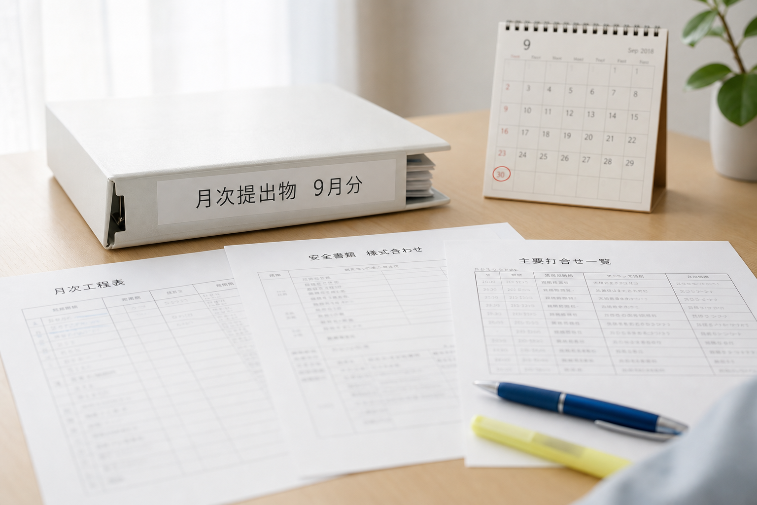 月末を赤で囲んだカレンダーと、月次提出物のバインダー・月次工程表・安全書類・主要打合せ一覧の3枚が並んだ机上のクローズアップ