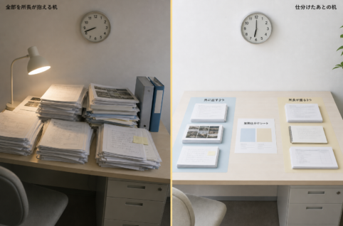 全部の書類を所長が抱える机と、外に出す3業務と所長が握る3業務に仕分けられた机の左右対比