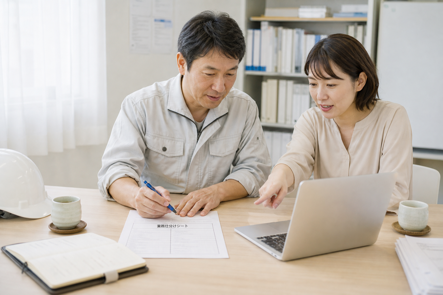 現場事務所で、現場所長と事務担当がノートPCと業務仕分けシートを一緒に覗き込みながら、外に出せる業務を書き出している場面