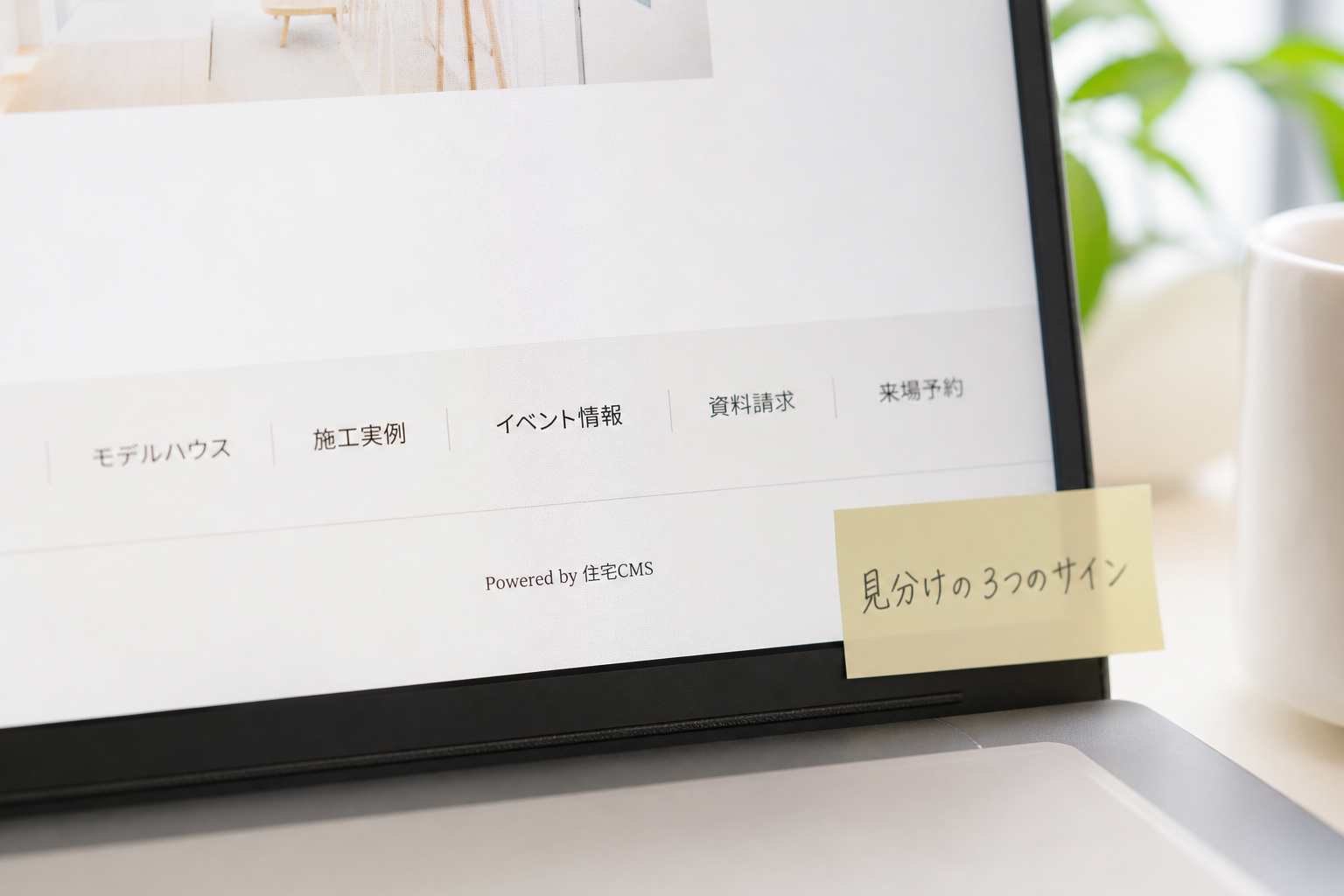 工務店のホームページのフッターに小さく「Powered by 住宅CMS」の表記が映っている画面のマクロ接写