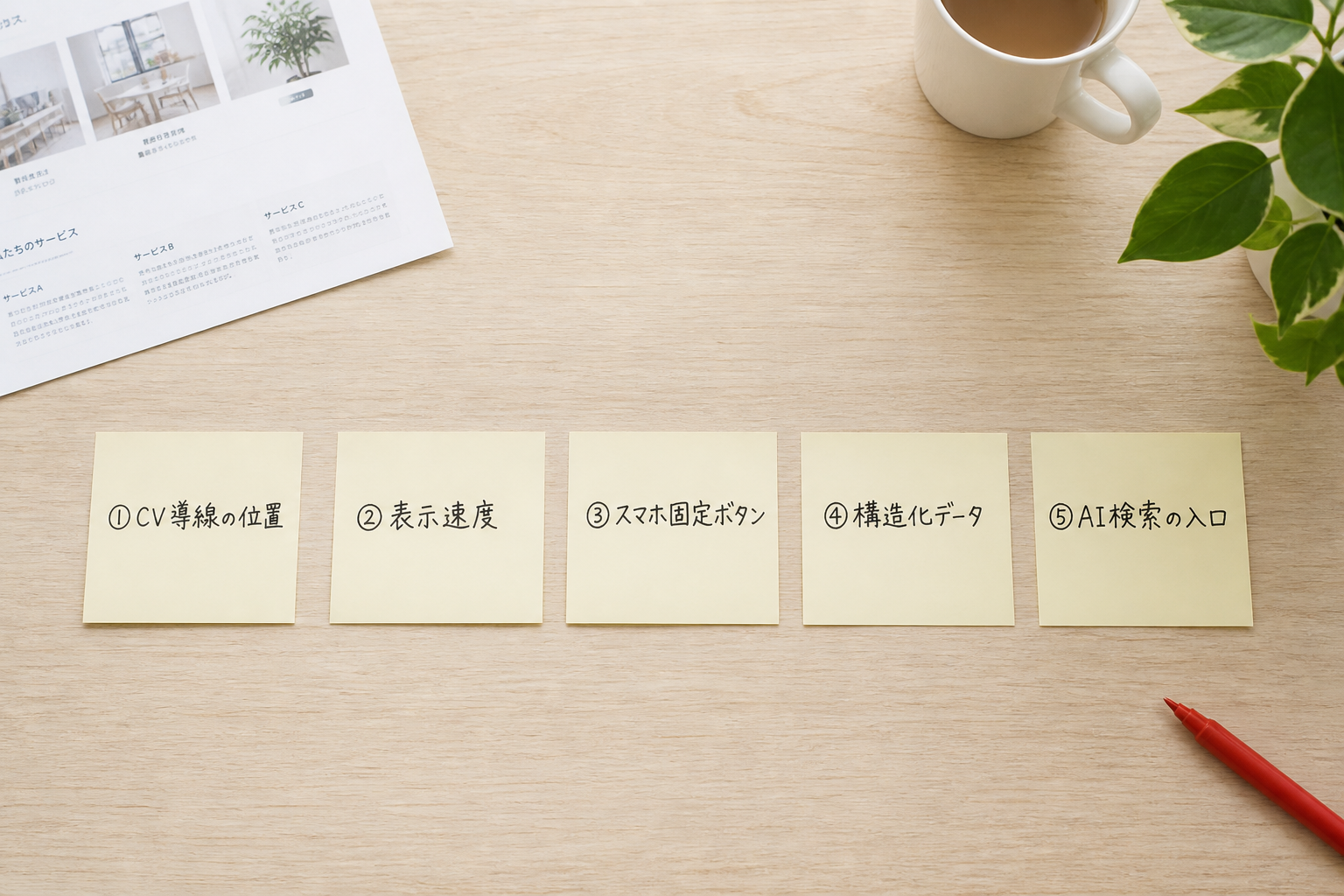 テンプレサイトで限界が出やすい5つの領域——CV導線／表示速度／スマホ固定ボタン／構造化データ／AI検索の入口——を横1列に並べたフラットレイ俯瞰
