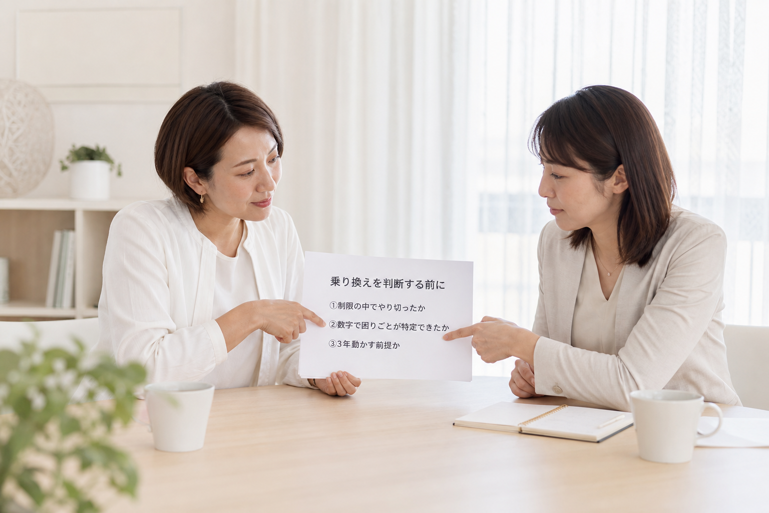 住宅会社の女性経営者と女性コンサルタントが「乗り換えを判断する前に確かめる3つ」の用紙を一緒に指差しながら話し合っている一瞬