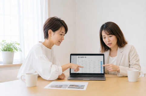 住宅会社の女性経営者と女性コンサルタントが、サイト管理画面の施工事例一覧を一緒に覗き込みながら話し合っている一瞬