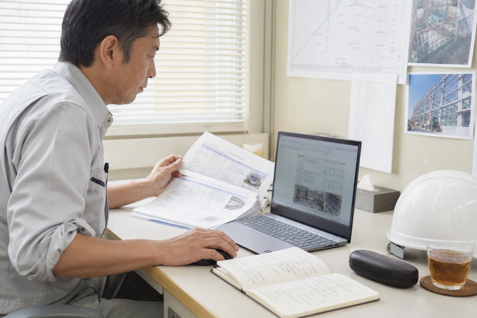 前月の完成月報を横に開きながら、2ヶ月目の工事月報の下書きを書きかけている40代所長