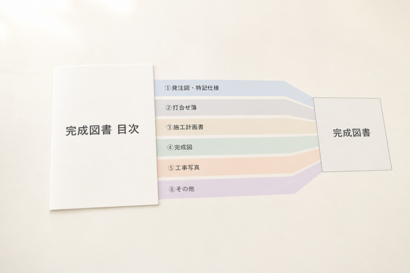 完成図書の目次1枚から6本の光の帯（発注図・特記仕様／打合せ簿／施工計画書／完成図／工事写真／その他）が伸びて、右端で1つの完成図書に集約されていく構造の抽象イメージ