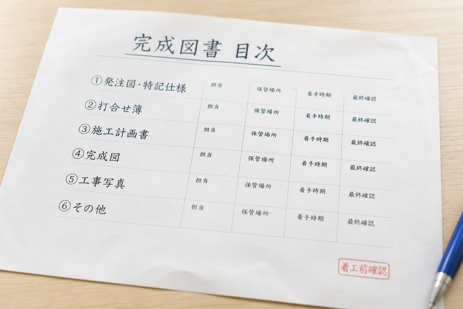 「完成図書 目次」と印字された1枚の紙のクローズアップ。6項目と担当・保管場所・着手時期・最終確認の記入欄が並ぶ