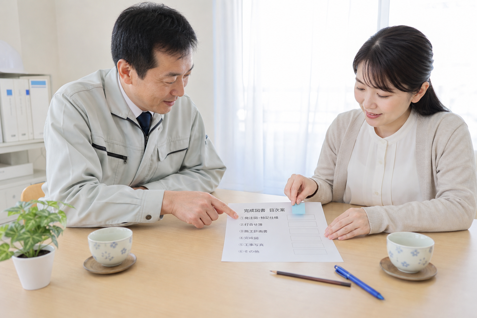 現場事務所の打合せテーブルで、現場所長と事務担当が完成図書の目次案を一緒に指差しながら着工前に埋めている風景