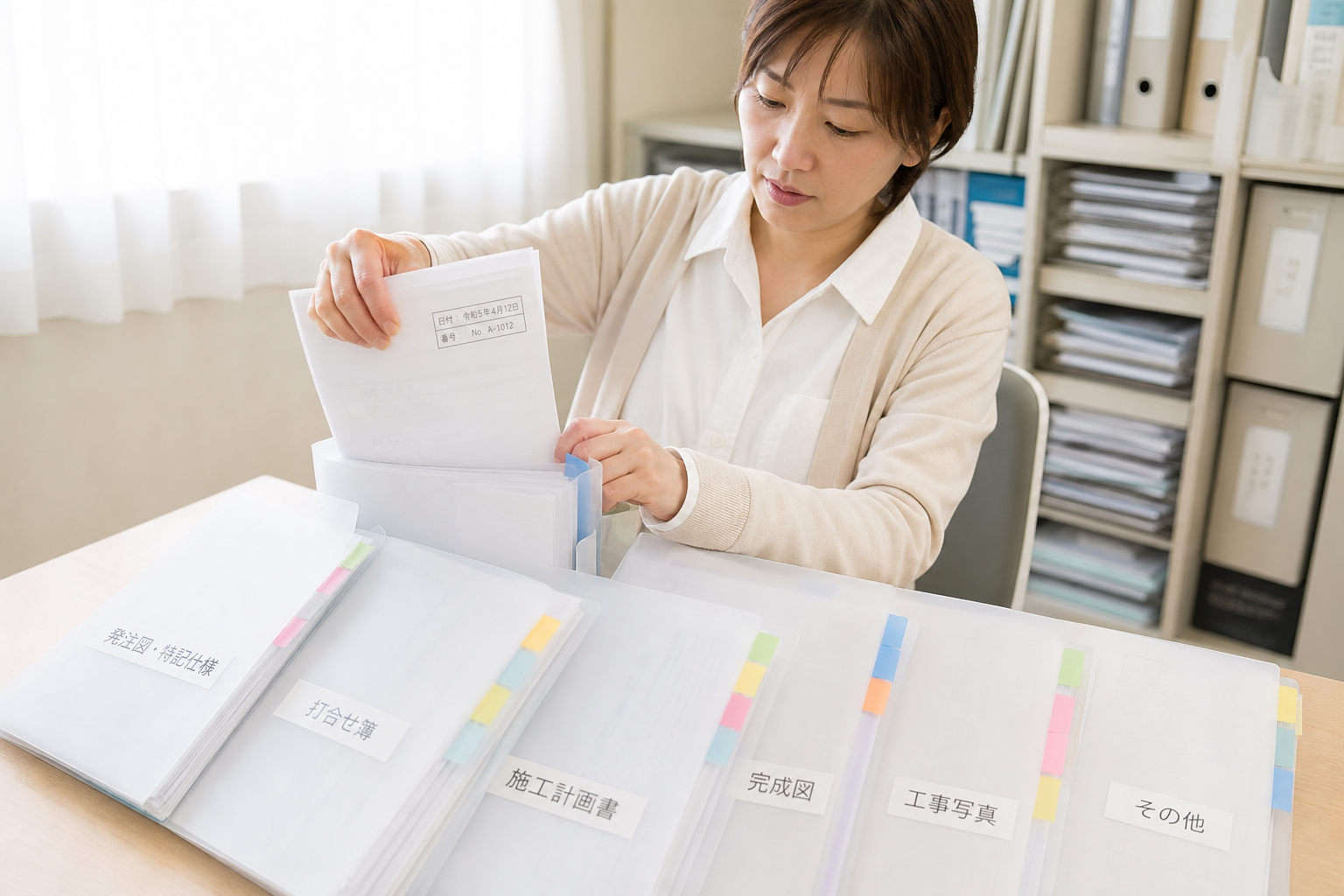 事務担当が6冊の完成図書用クリアファイルのうち1冊に書類を差し込んでいる、施工中の運用スナップ