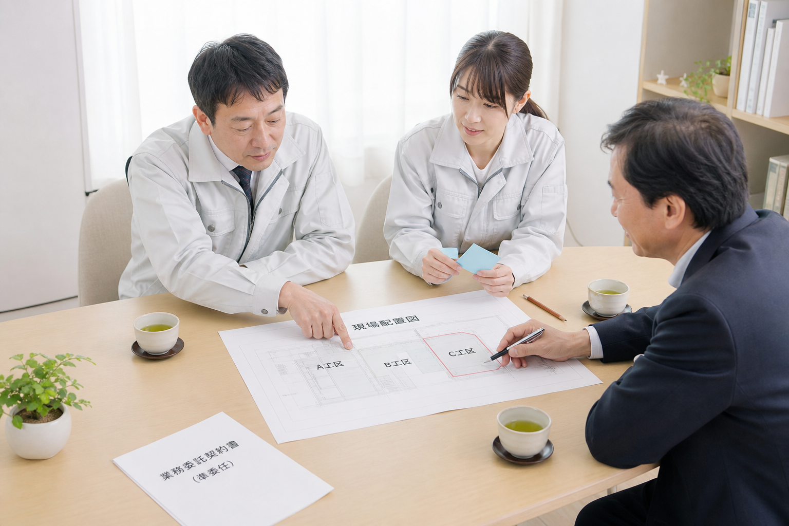 現場事務所の打合せテーブルで、現場所長・事務担当・外部担当の3人が現場配置図を囲み、C工区だけをマーカーで囲みながら現場単位の契約を打合せている風景