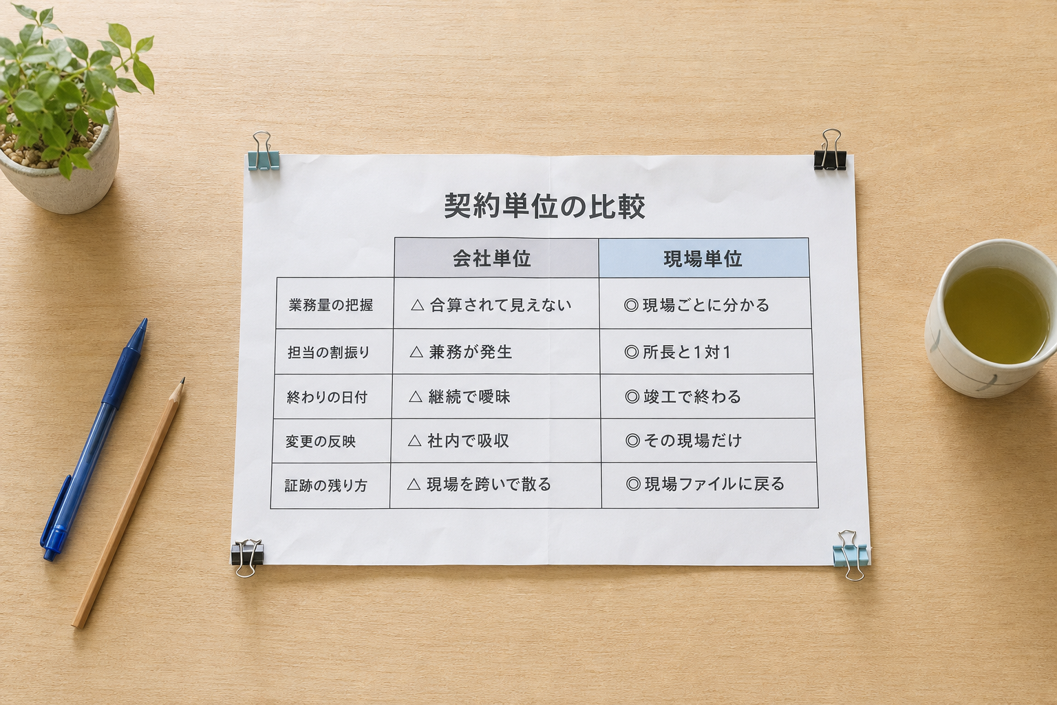 「契約単位の比較（会社単位／現場単位）」と題した1枚の比較表を真上から俯瞰したフラットレイ。5つの比較項目（業務量／担当／終期／変更／証跡）でそれぞれ現場単位のほうが整う