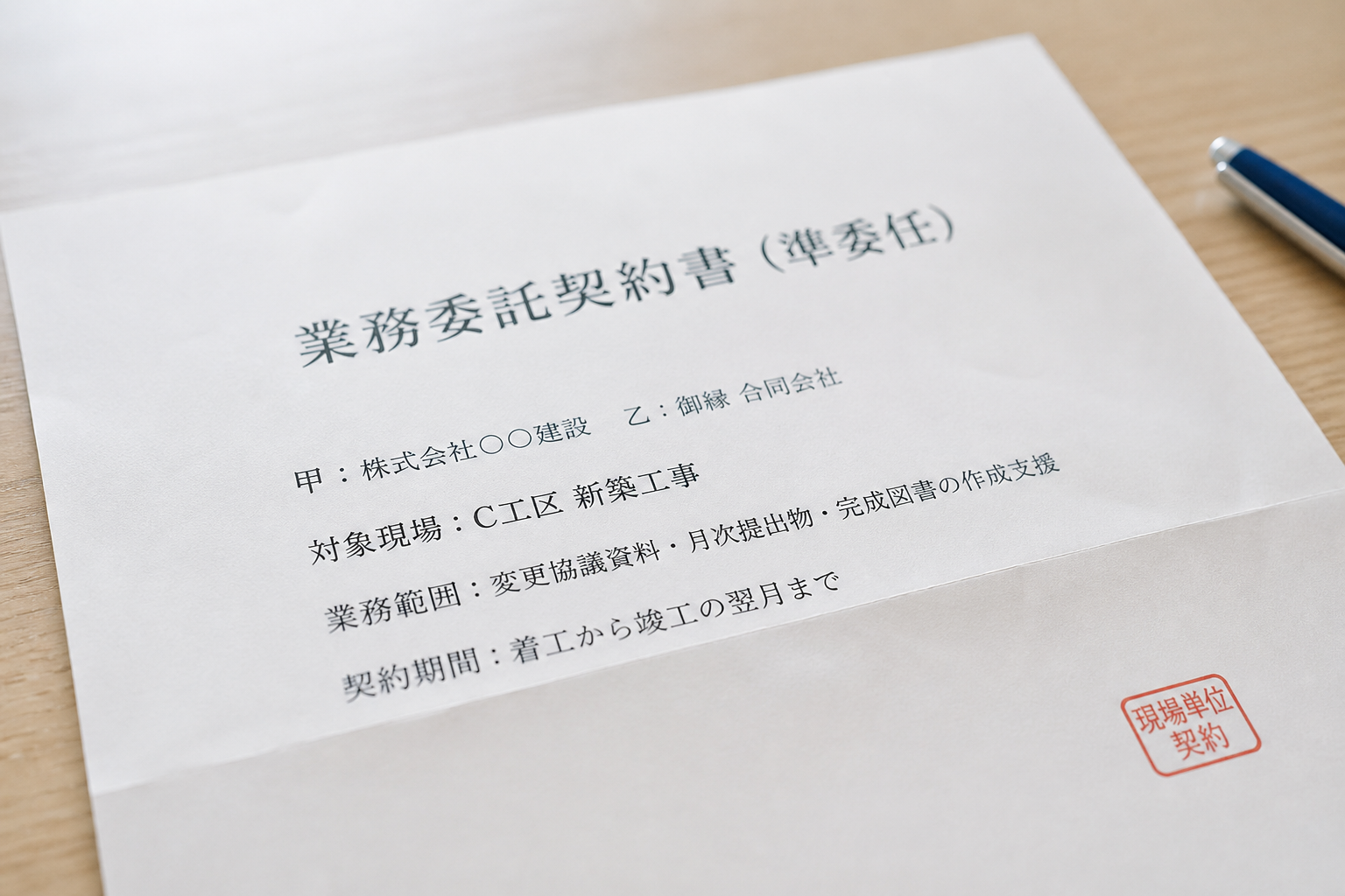 「業務委託契約書（準委任）」の対象現場欄に「C工区 新築工事」と印字されているクローズアップ。契約が現場単位で結ばれている様子