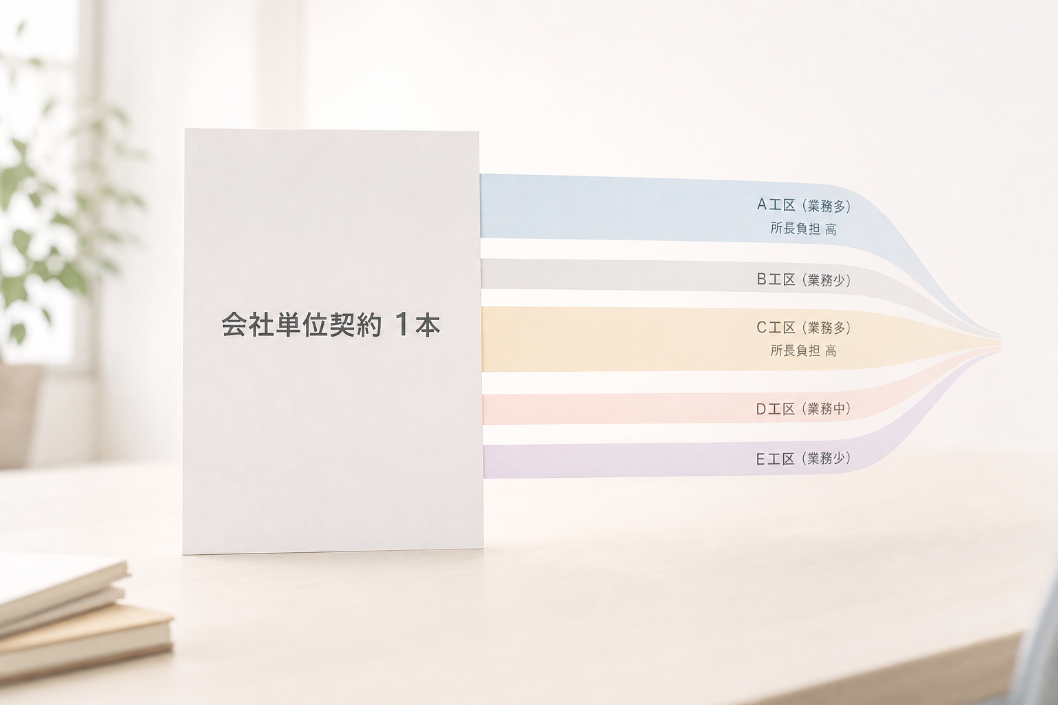 1本の会社単位契約から5つの現場に業務が不均等に分配される構造の抽象イメージ。業務が多い現場の所長に負担が偏り、少ない現場との差が歪みとして残る