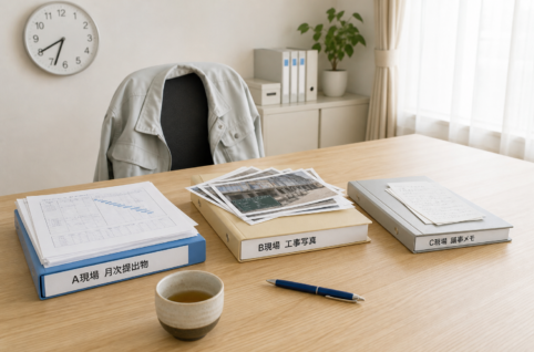 現場事務所の机上に3現場ぶんの書類バインダーが積み重なり、湯呑みが冷めて椅子は無人。掛け持ち所長が別の現場に出ている情景