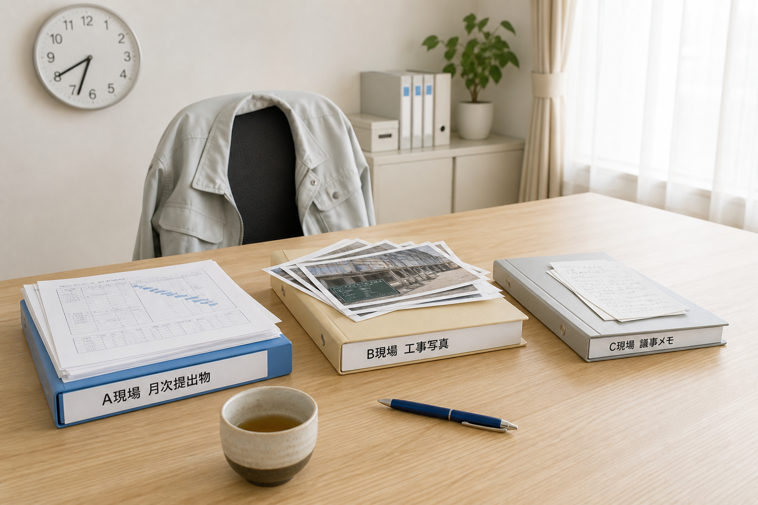 現場事務所の机上に3現場ぶんの書類バインダーが積み重なり、湯呑みが冷めて椅子は無人。掛け持ち所長が別の現場に出ている情景