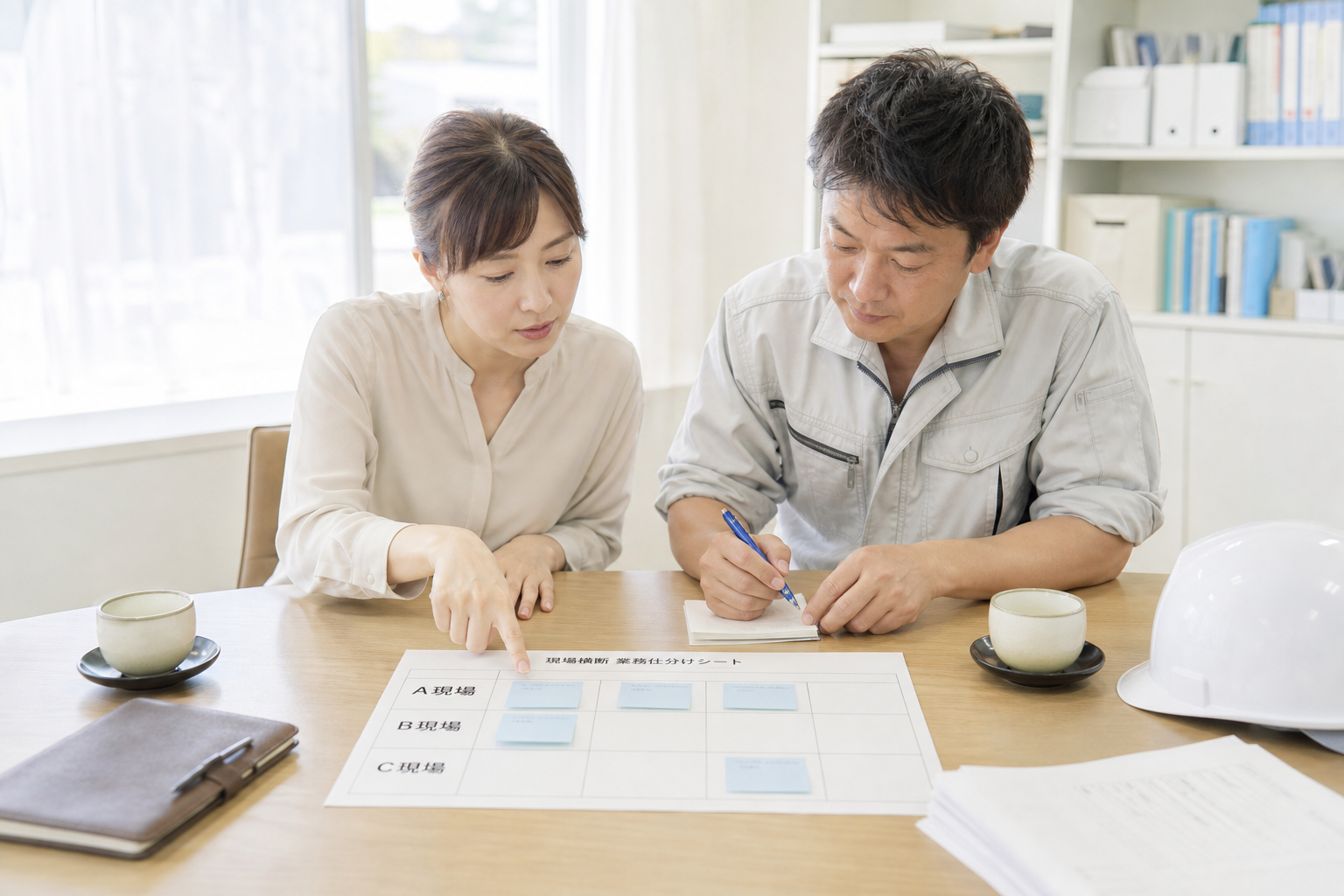 現場事務所で、現場所長と事務担当が現場横断の業務仕分けシートを一緒に覗き込みながら、複数現場の書類を仕分けている場面