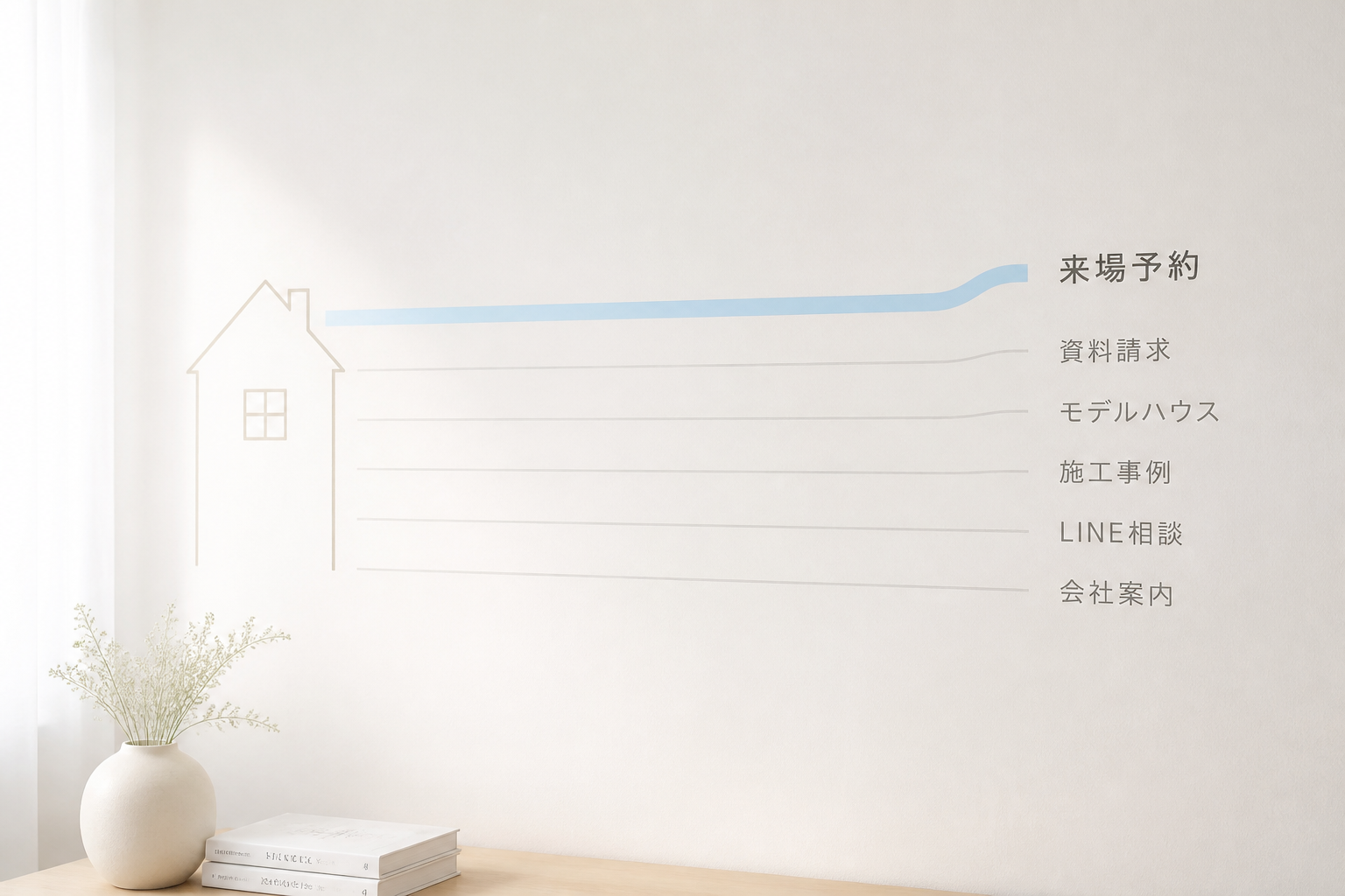 家のシルエットから6本の光の帯が伸び、「来場予約」の1本だけが太く強調されている抽象データアート