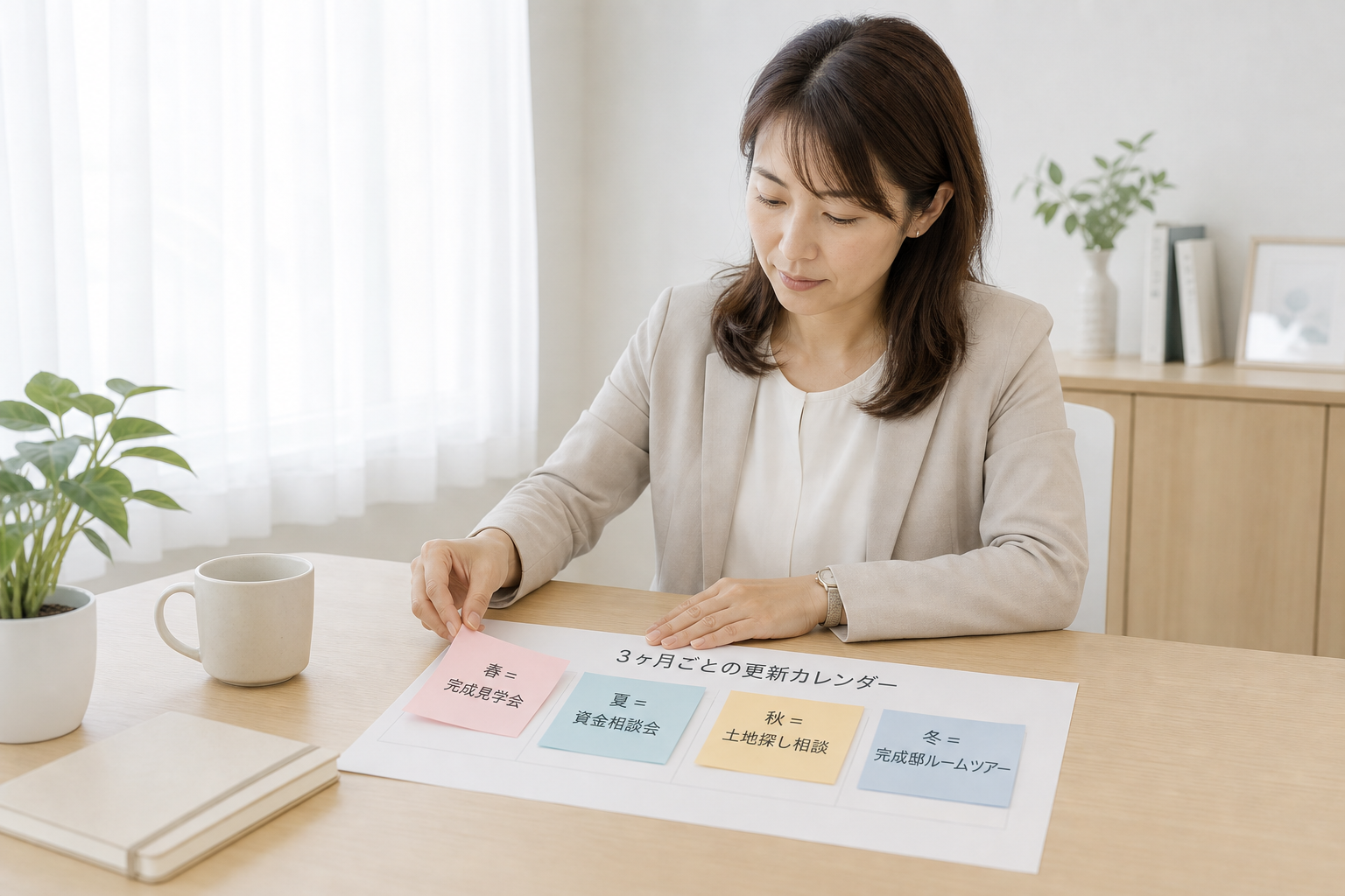 住宅会社の広報担当者が「3ヶ月ごとの更新カレンダー」に季節ごとの付箋を貼っている一瞬