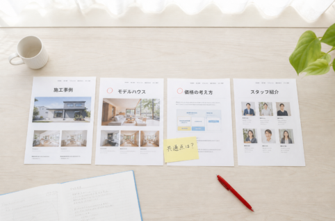 住宅会社のサイトの4ページを印刷して真上から並べ、反響が出ている2ページに赤ペンで丸印と「共通点は？」の付箋が置かれたフラットレイ俯瞰