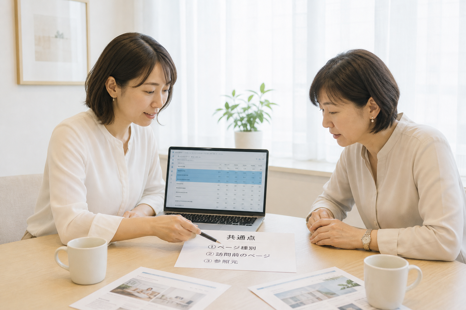住宅会社の女性担当者と広報責任者が、GA4データ探索の画面と共通点をまとめた紙を交互に見ながら反響ページの型を話し合っている一瞬