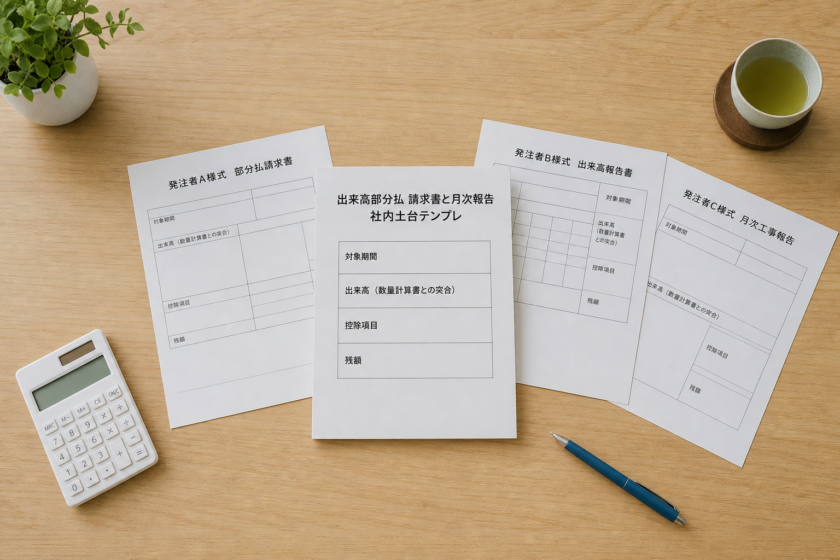 机の中央に「社内土台テンプレ」の1枚が置かれ、その周りに発注者A・B・Cの3つの書式の紙が扇状に広がるフラットレイ。中央の土台に印字された4つの見出しが、周囲の3つの書式それぞれに対応している