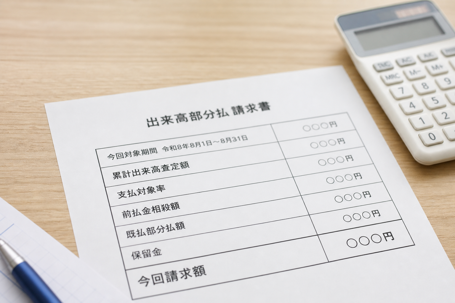 A4の「出来高部分払 請求書」の金額計算欄のクローズアップ。累計出来高査定額から前払金相殺額・既払部分払額・保留金を差し引いて今回請求額を出す構造が並ぶ