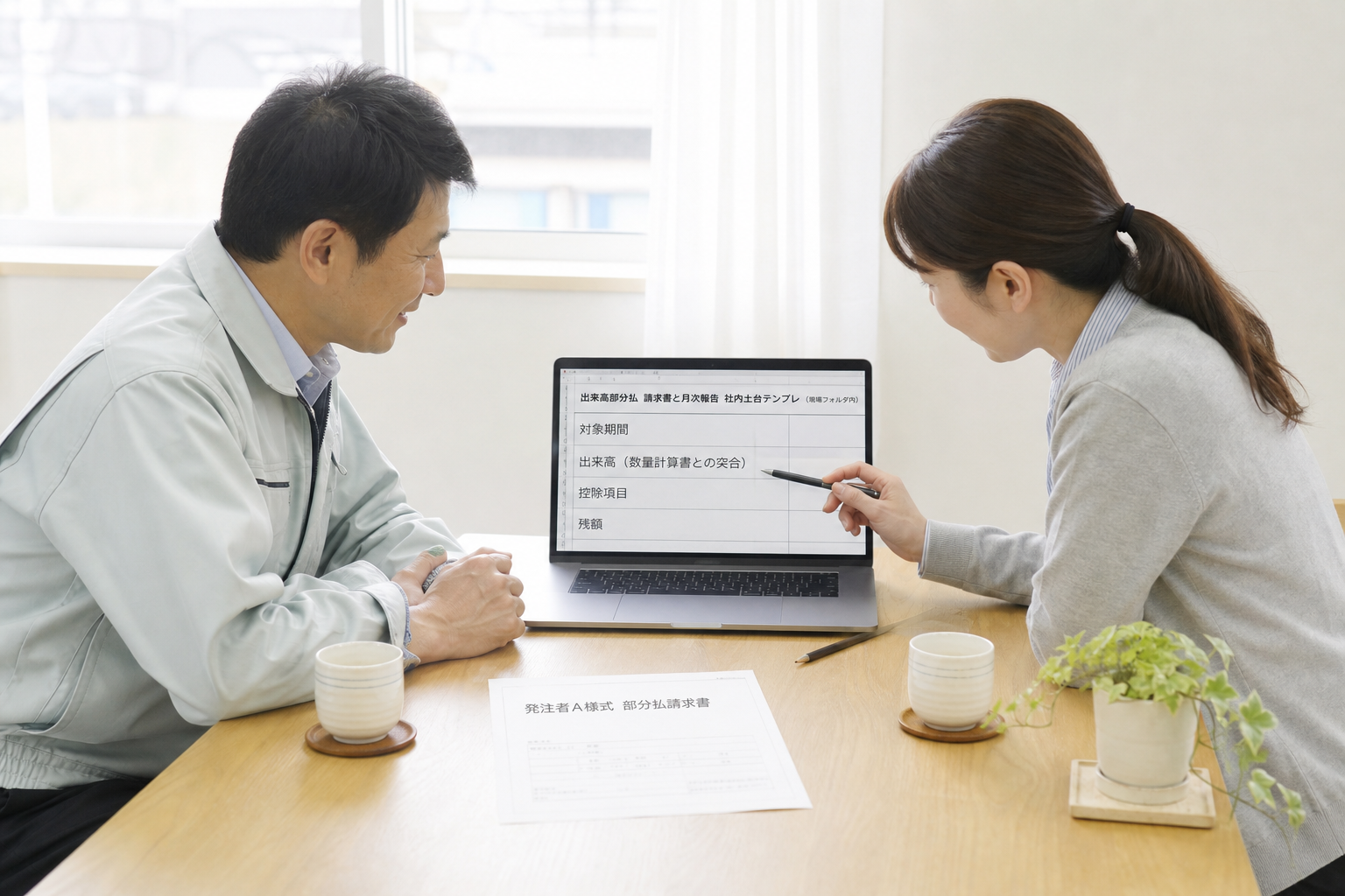 現場事務所で、女性事務担当と男性所長がノートPCの社内土台テンプレExcelを並んで覗き込み、4つの共通要素のうち「出来高」の行を指差しながら発注者A様式の紙と突き合わせている様子