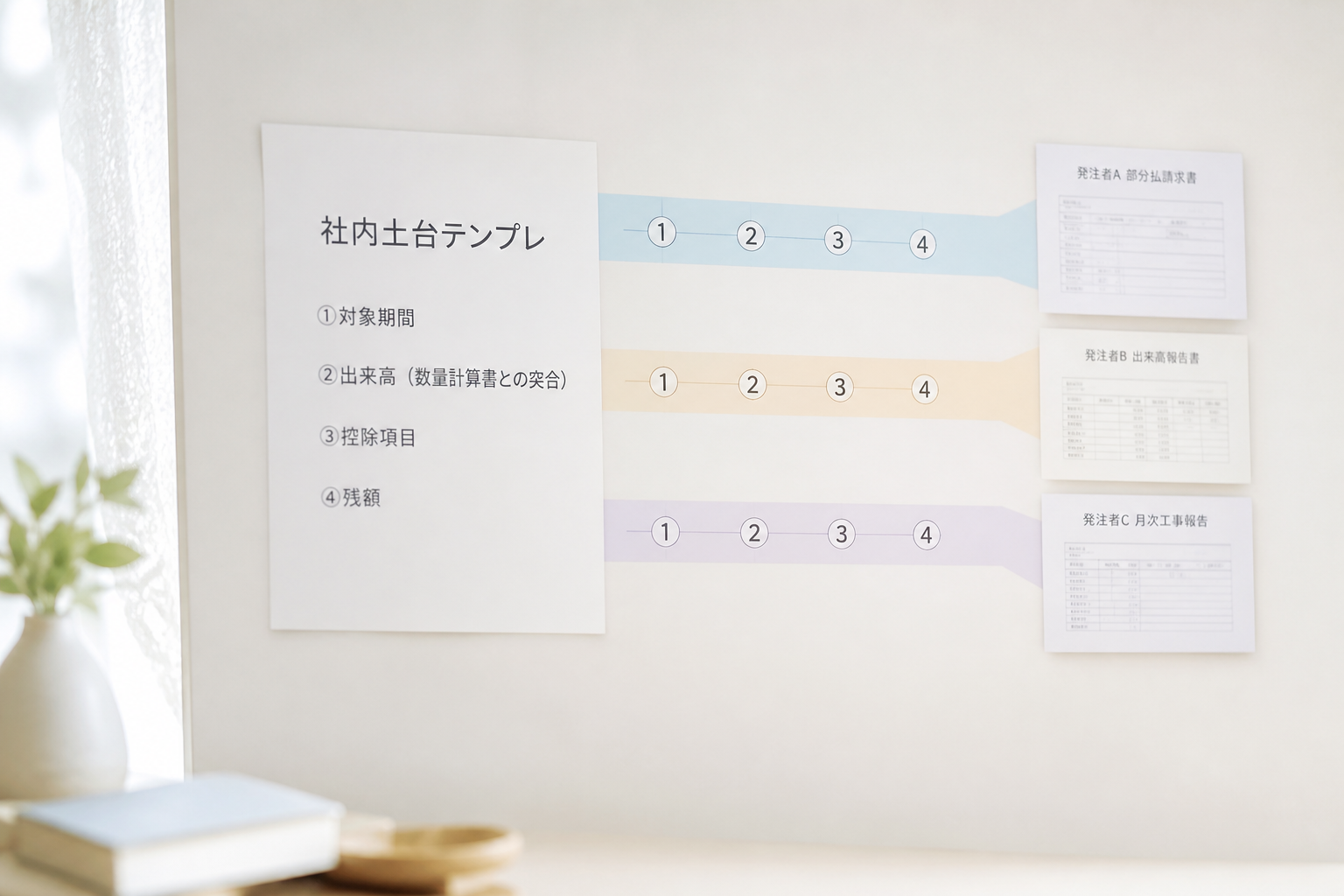 中央の1枚の「社内土台テンプレ」から4つの共通要素(対象期間・出来高・控除項目・残額)を通って、3枚の発注者別書式へと光の帯が分岐して収束する抽象イメージ
