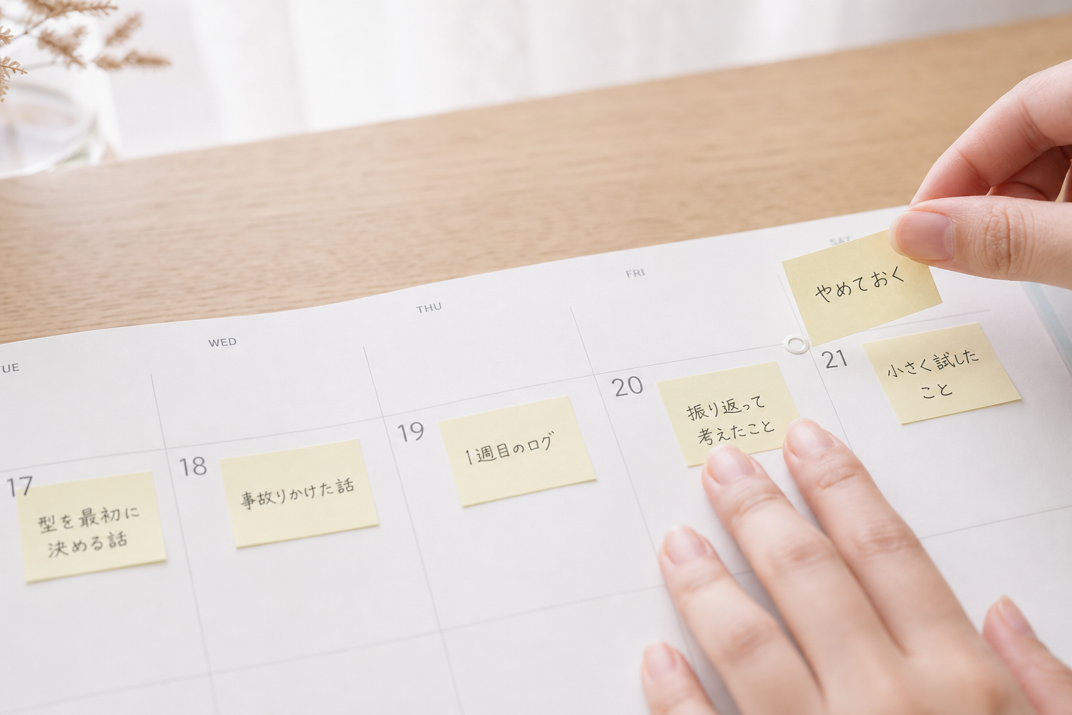 1日1枚の付箋しか貼らない週間カレンダーに、2枚目を貼ろうとした手を静かに押さえている場面
