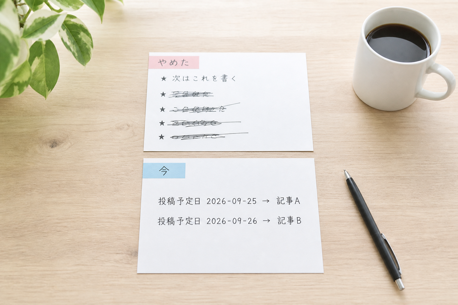 上=乱雑な★印の付いたメモ、下=予定日と記事名だけが並んだ静かな一覧、という2枚の紙の対比