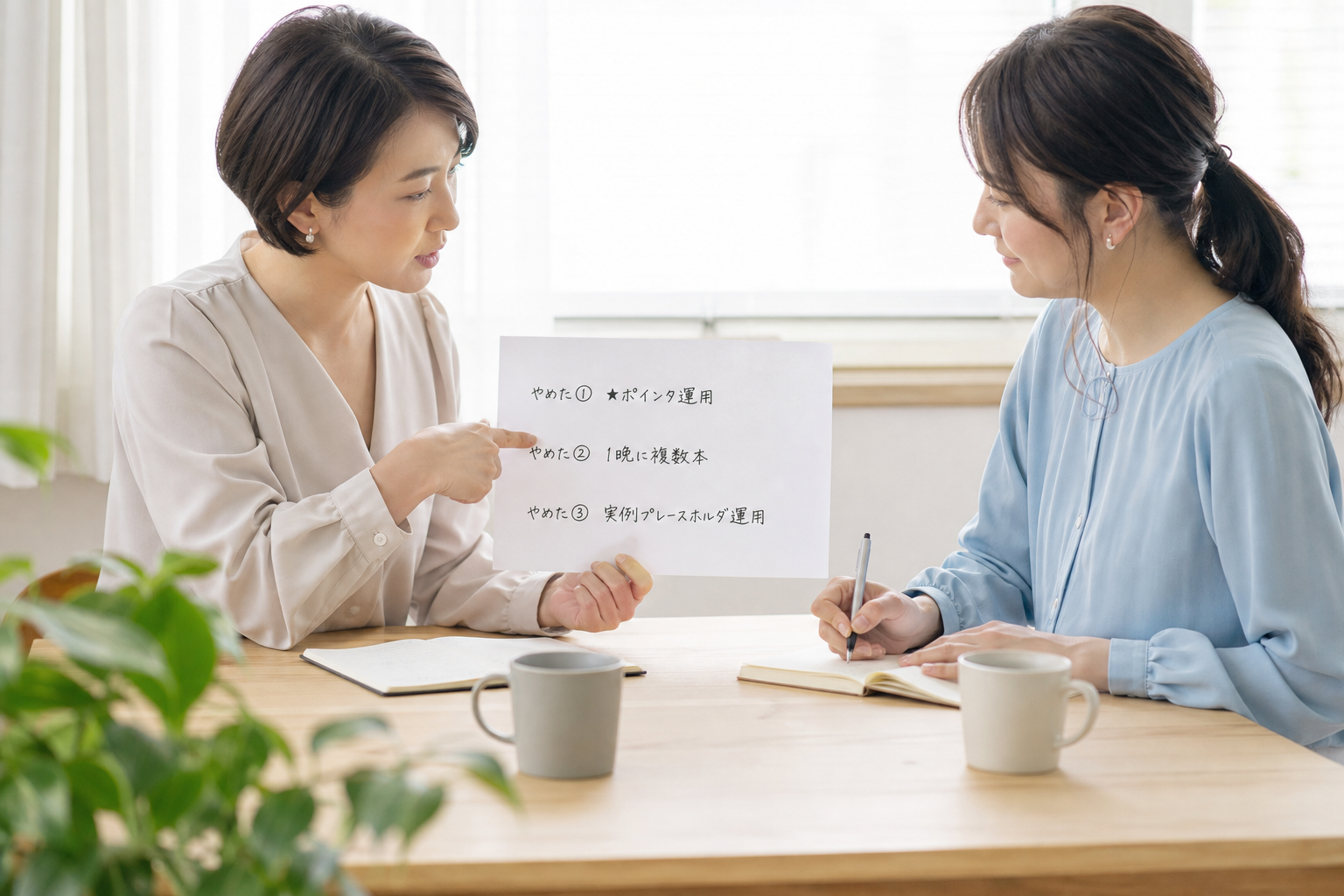 「やめた3つの設計判断」と書かれた紙を挟んで、2人が向かい合って中身を確認している場面