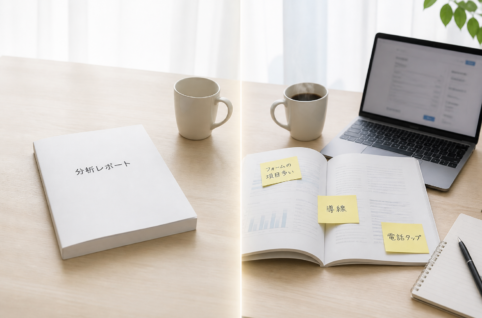 左は閉じたままの「分析レポート」冊子、右は開いて付箋を貼りながらサイトを直しに使っているレポートの対比イメージ