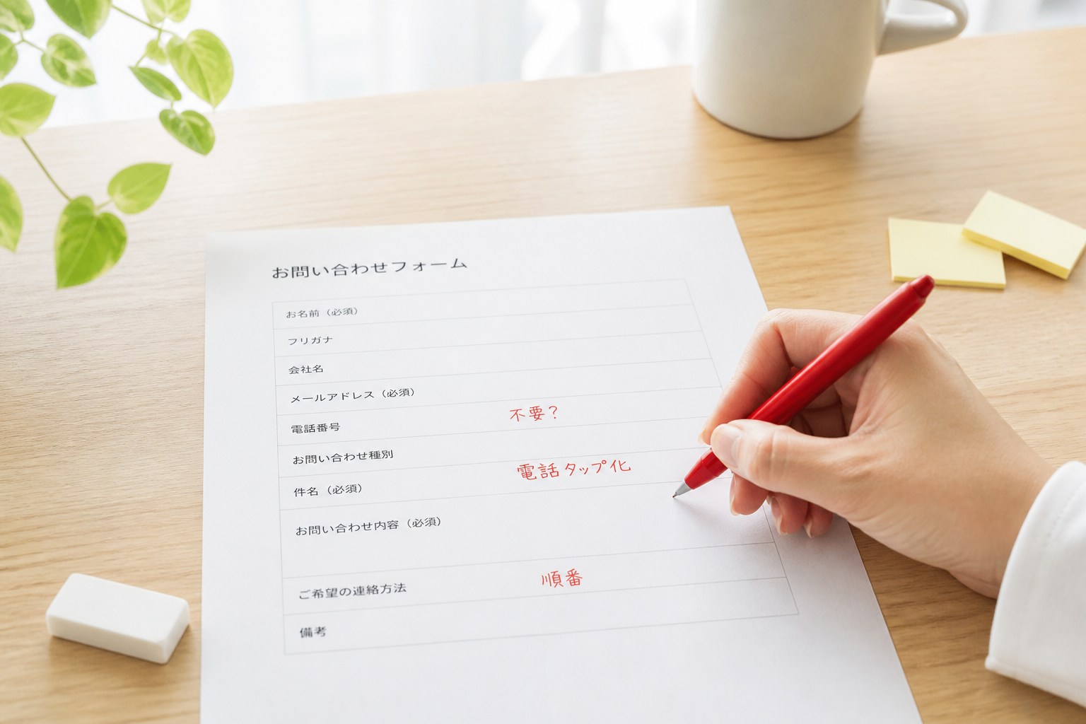 問い合わせフォームの入力欄が印刷された紙に、赤ペンで改善メモを書き込みかけている手元の接写