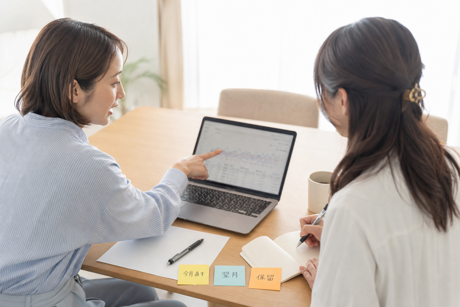 2人が同じノートPCのGA4画面を見ながら、今月直す・翌月・保留の3枚の付箋に次の一手を書き分けている打ち合わせの一場面