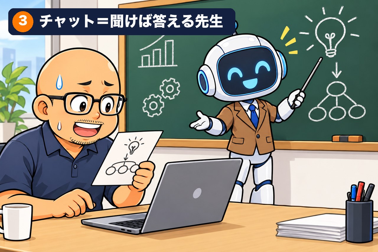 チャットの役割：聞けば答える。でも、手は動かさない