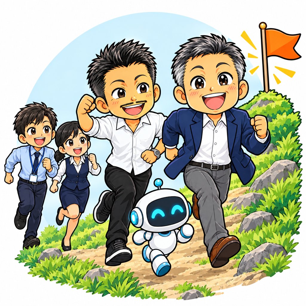 社長と並んでゴールへ走るイラスト