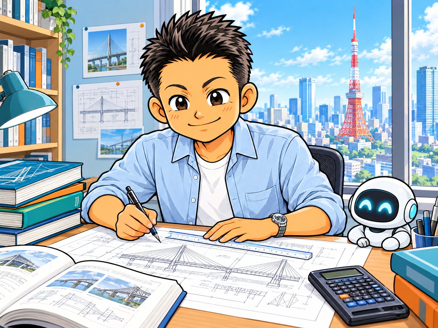 東京で土木を学ぶ石本のイラスト