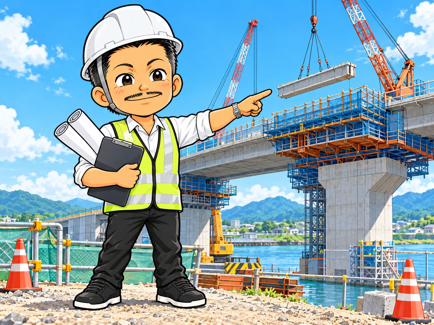 建設現場で図面を持つ石本のイラスト