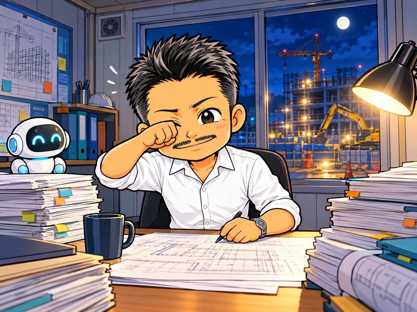 夜の現場事務所で書類と向き合う石本のイラスト