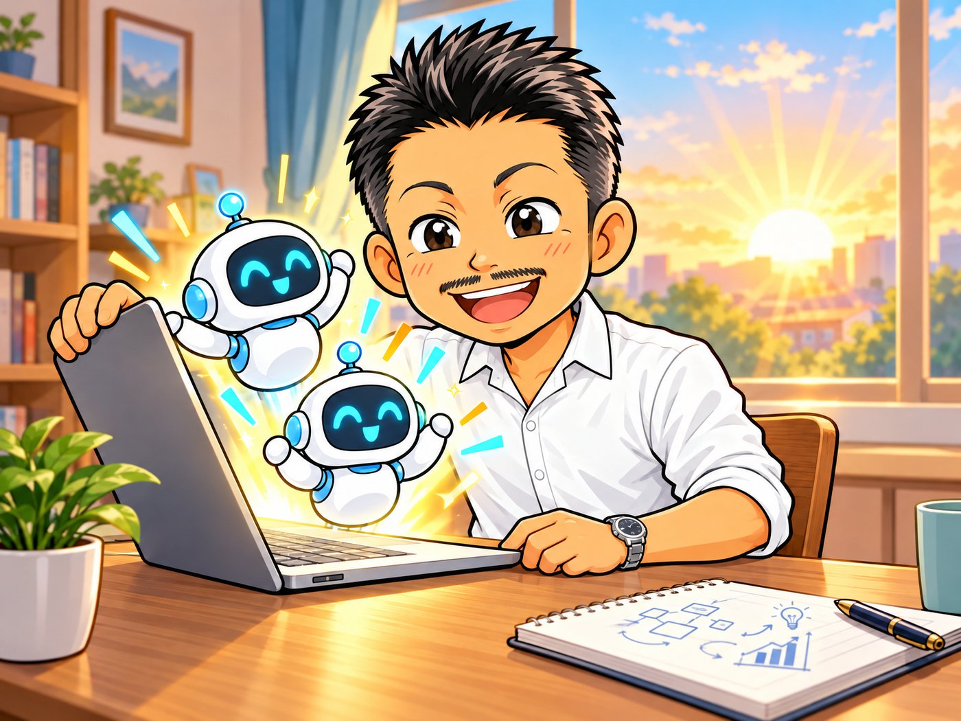 個人事業主として開業し、AIエージェントと新しい一歩を踏み出す石本のイラスト