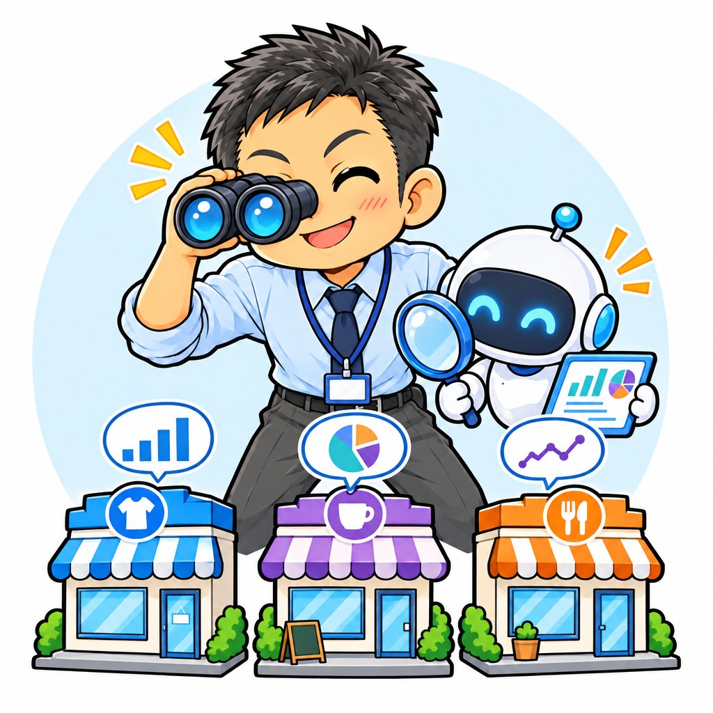 競合を双眼鏡で調べるイラスト