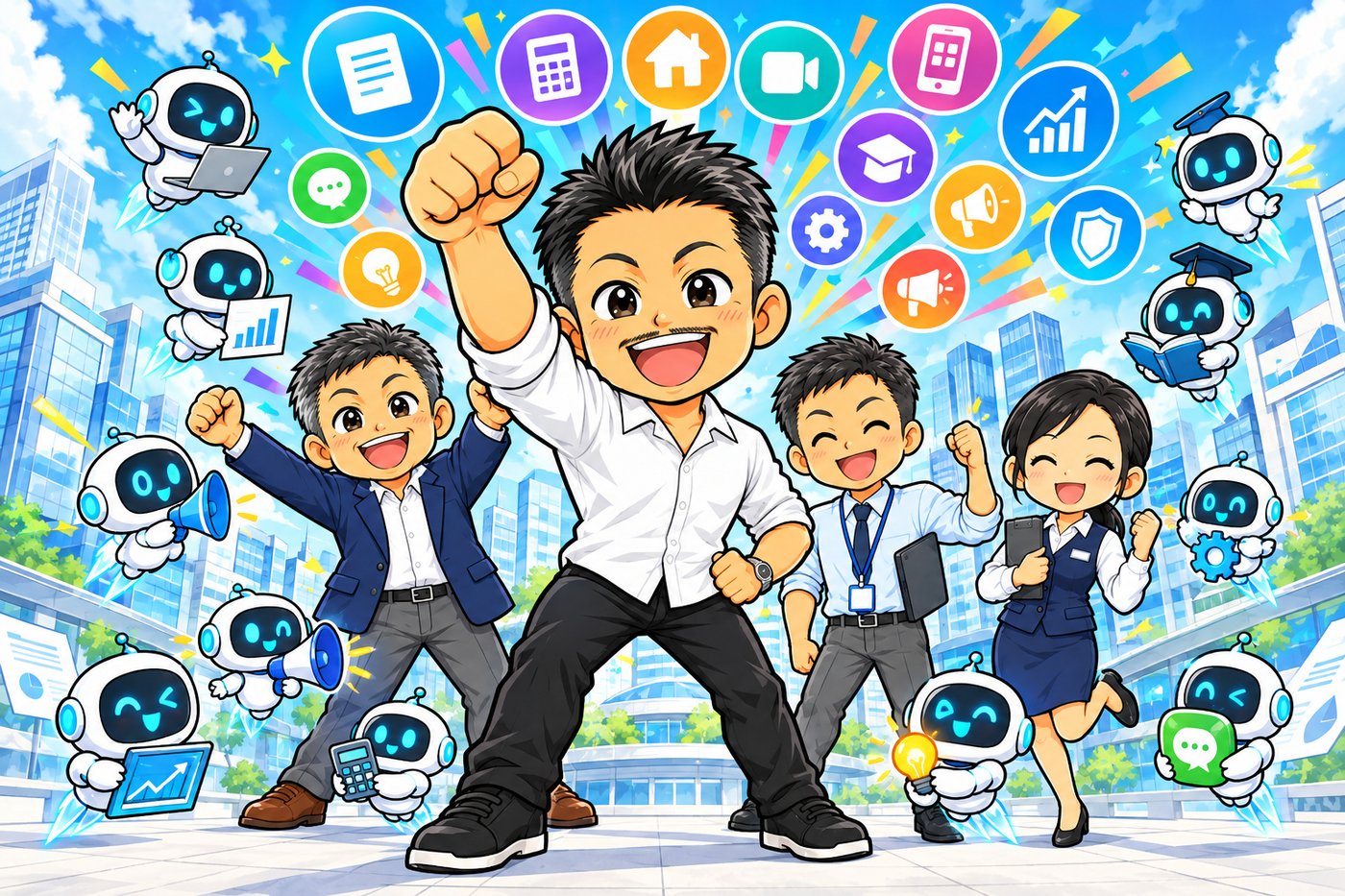 御縁 代表 石本政晴とAIエージェントのチームが、会社のあらゆる仕事を支援するイラスト
