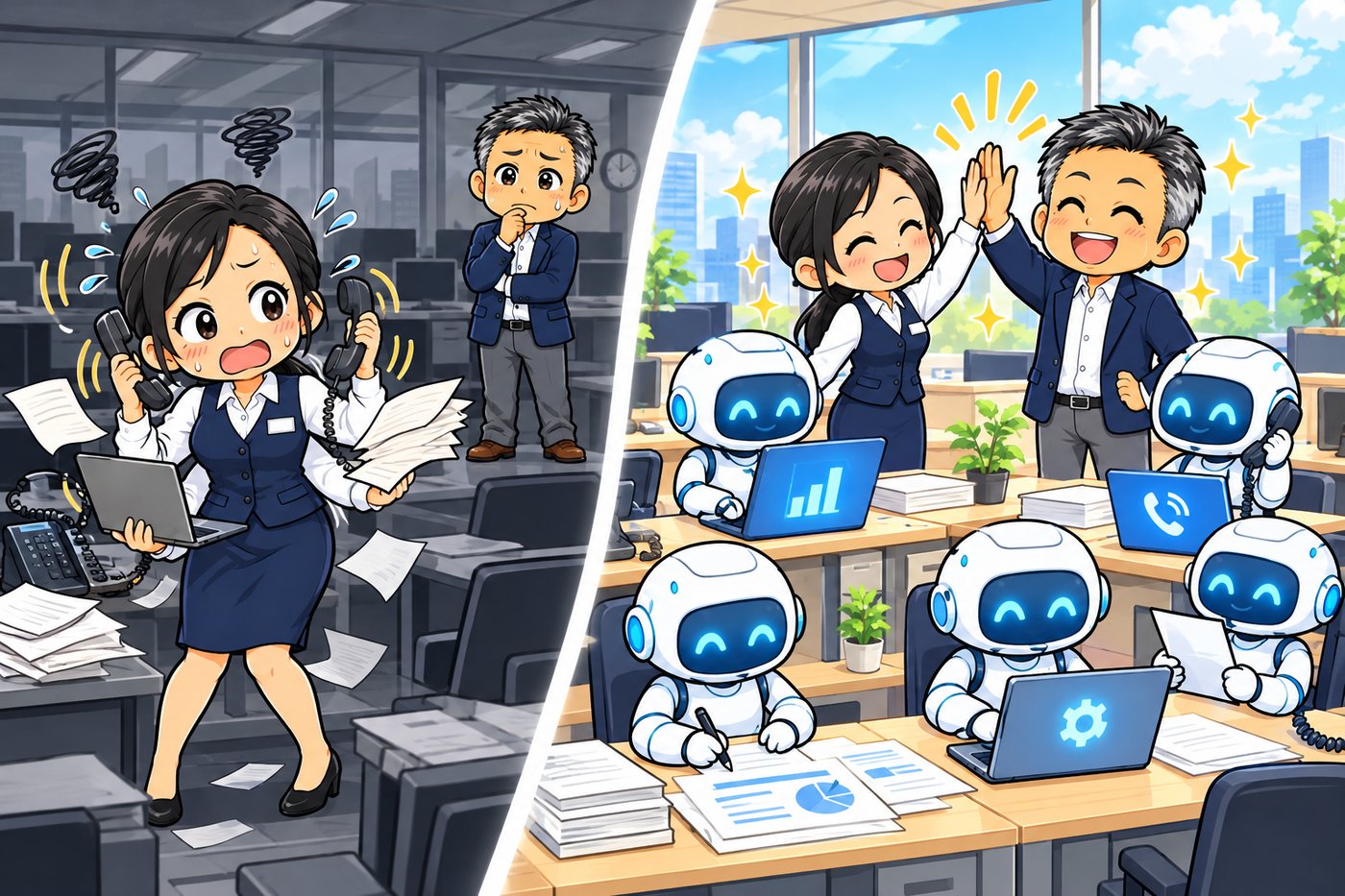 AIエージェントのチームが手伝う様子