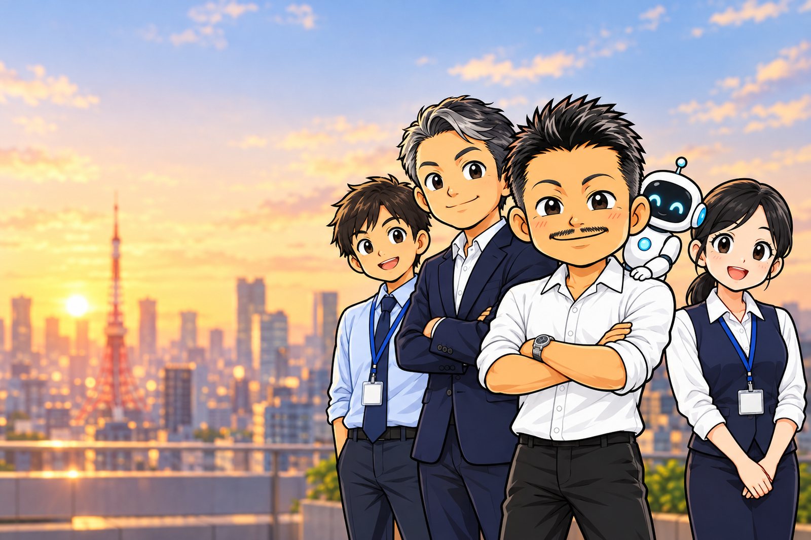 御縁 代表 石本政晴と社長・社員、AIロボットが並ぶイラスト