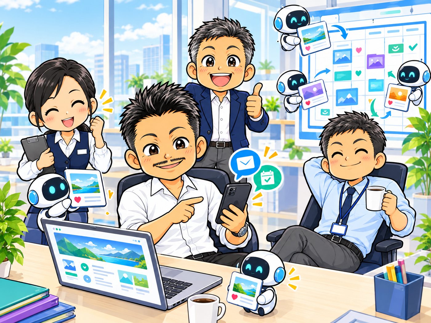 ホームページとSNS投稿をAIで自動化するイラスト