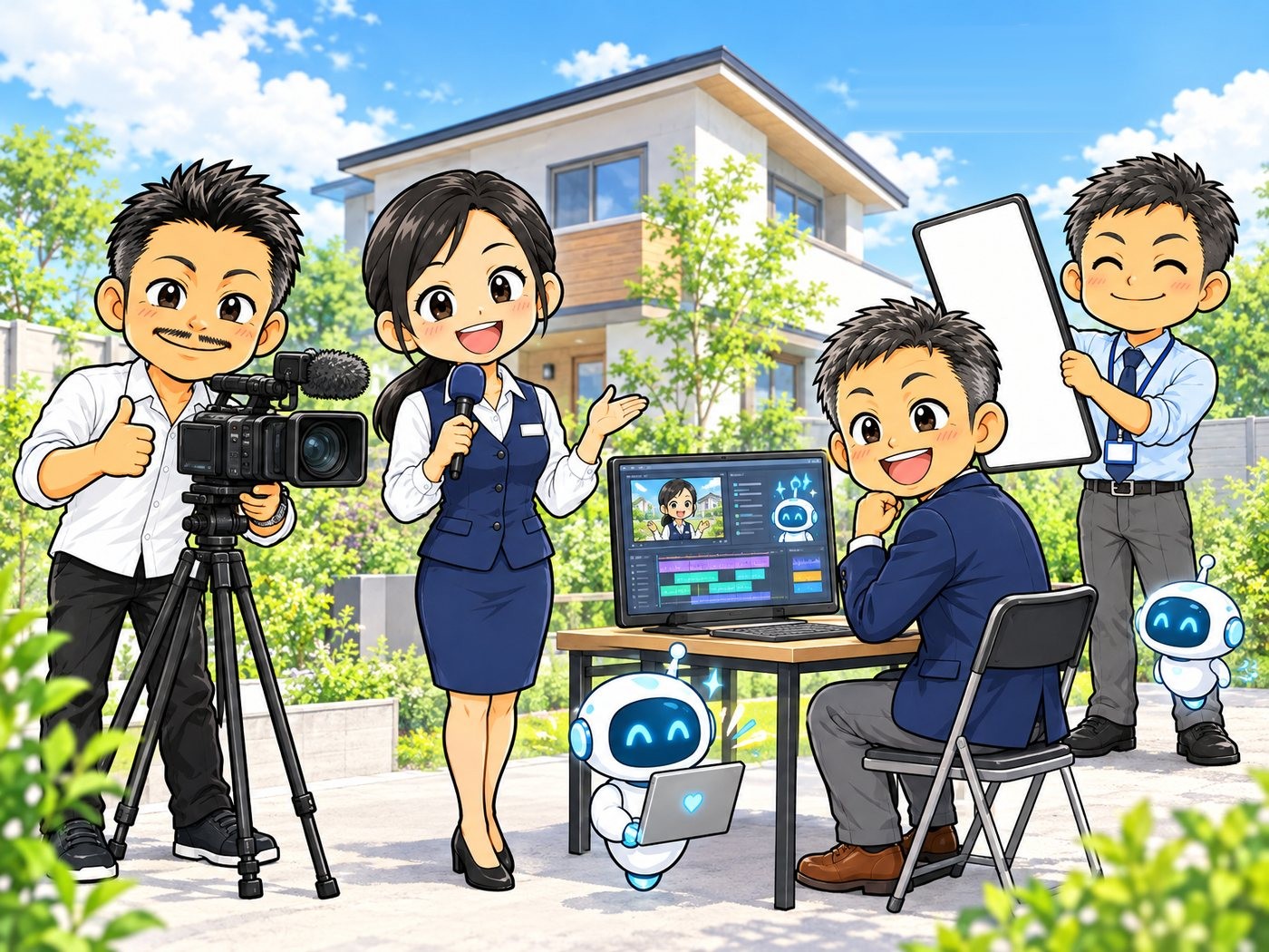 家の前で動画を撮影するイラスト